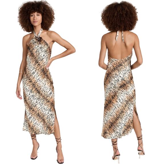 Cami NYC Lenzy Tiger Halter Midi Dress Silk Rosette Cheetah Leopard Slinky XS - Picture 1 of 9